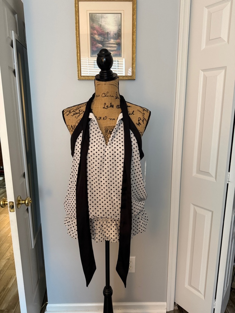 New York & Company White Polka Dot Halter Tie-Neck Blouse with Black Accents